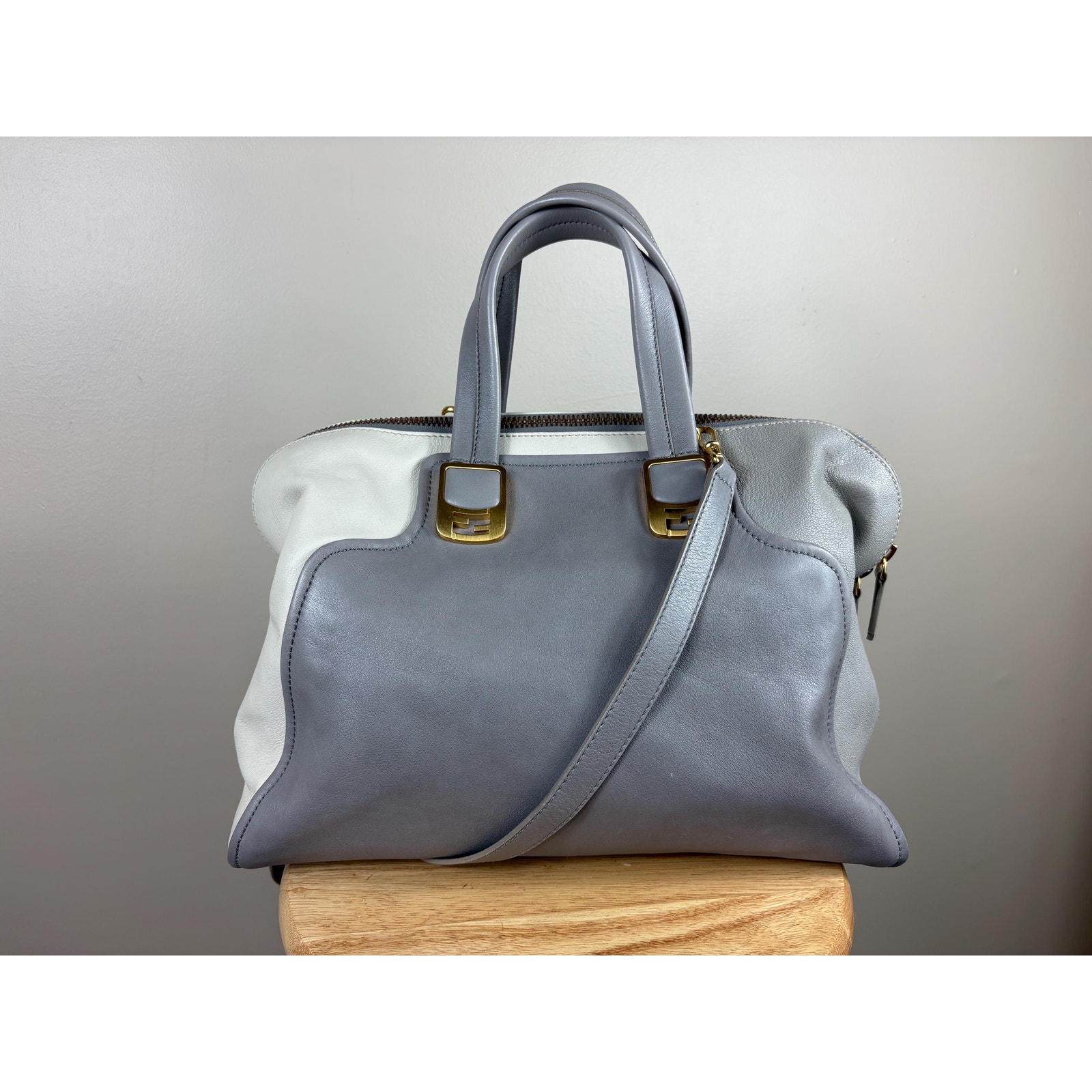 Authentic Fendi Gray Leather Chameleon Tote Colorblock Shoulder Bag